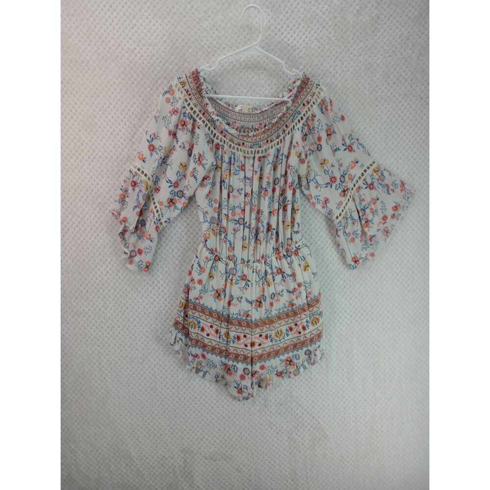 Taylor & Sage Women's Large Cream Floral Print Off the Shoulder Boho Romper